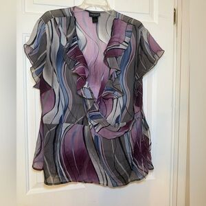 Lane Bryant Purple & Black Abstract Print Ruffle Wrap Blouse Sheer 22/24 Plus